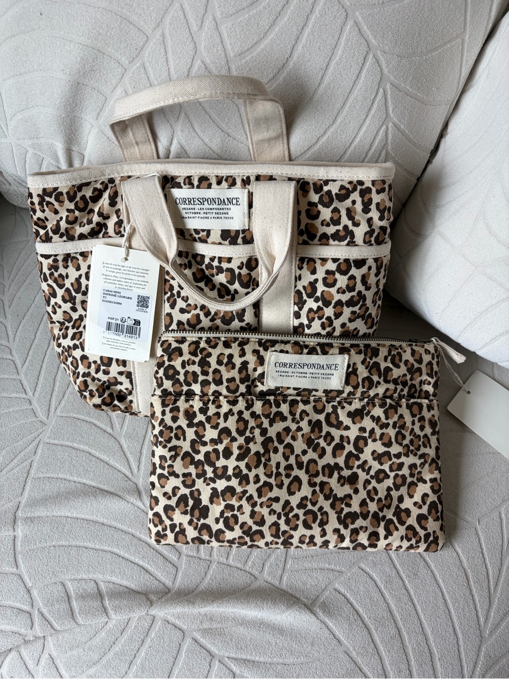 Sezane Leopard Print Canvas Tote & Pouch in leopard print. With tags.